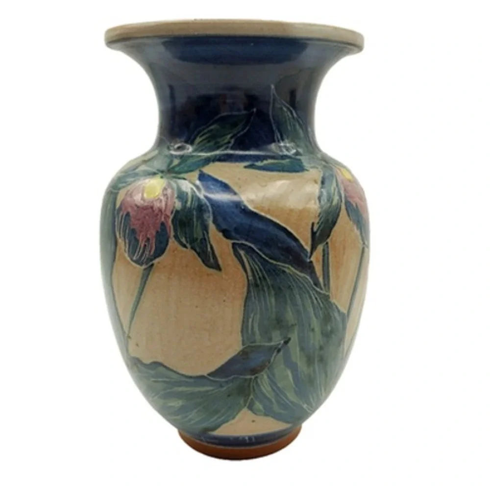 Art Pottery Lady Slipper Flower Vase Signed Ceramic Botanical Orchids Design 90s
